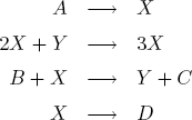 A -> X ; 2X+Y -> 3X ; B+X -> Y+C ; X -> D